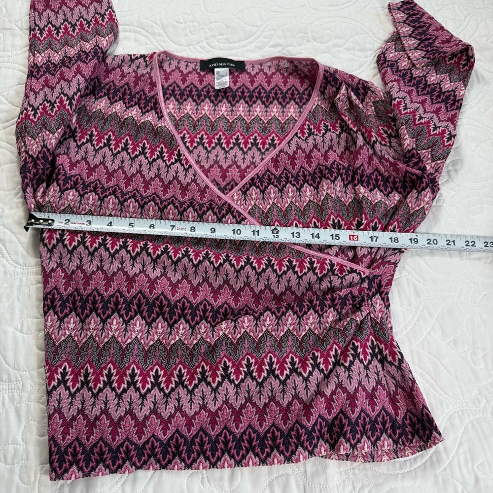 Jones New York Pink Retro V-Neck Faux-Wrap Long Sleeve Blouse Women's Large EUC - Picture 7 of 7